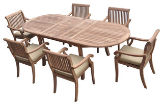7-Piece Outdoor Teak Dining Set: 94" Oval Ext Table, 6 Arbor Stacking Arm Chairs