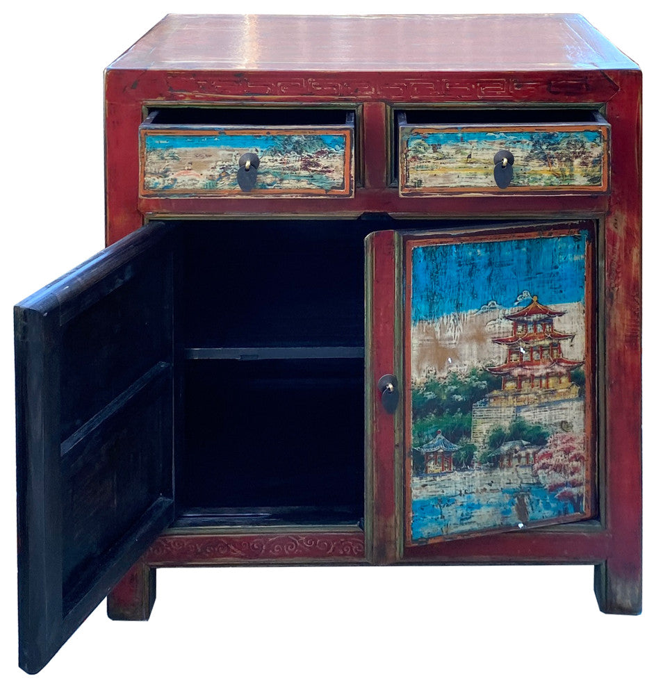 Chinese Distressed Red Blue Old Scenery Graphic Credenza Cabinet Hcs7393