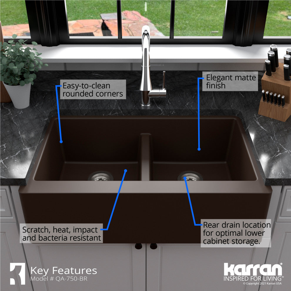Karran Farmhouse Apron Front Quartz 34" Double Bowl Kitchen Sink, Brown