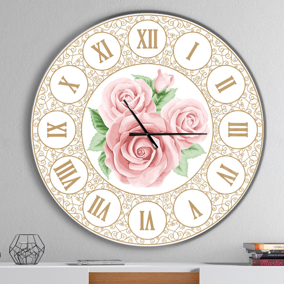 Hand Drawn Pink Roses Shabby Chic Vintage Contemporary Clock, 36x36