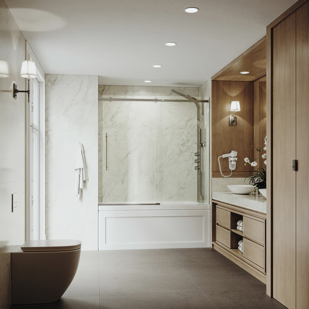 VIGO Luca 56" to 60" W x 58" H Frameless Sliding Tub Door, Chrome, Clear Glass