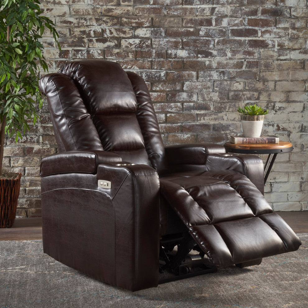 GDF Studio Everette  Brown Leather Power Recliner With Arm Storage and USB Cord