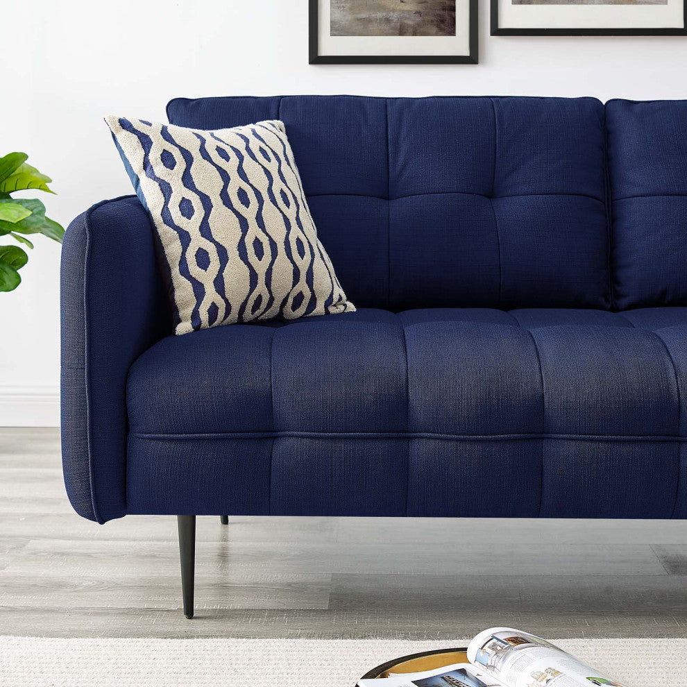 Tufted Sofa, Fabric, Dark Blue, Modern, Living Lounge Hotel Lobby Hospitality