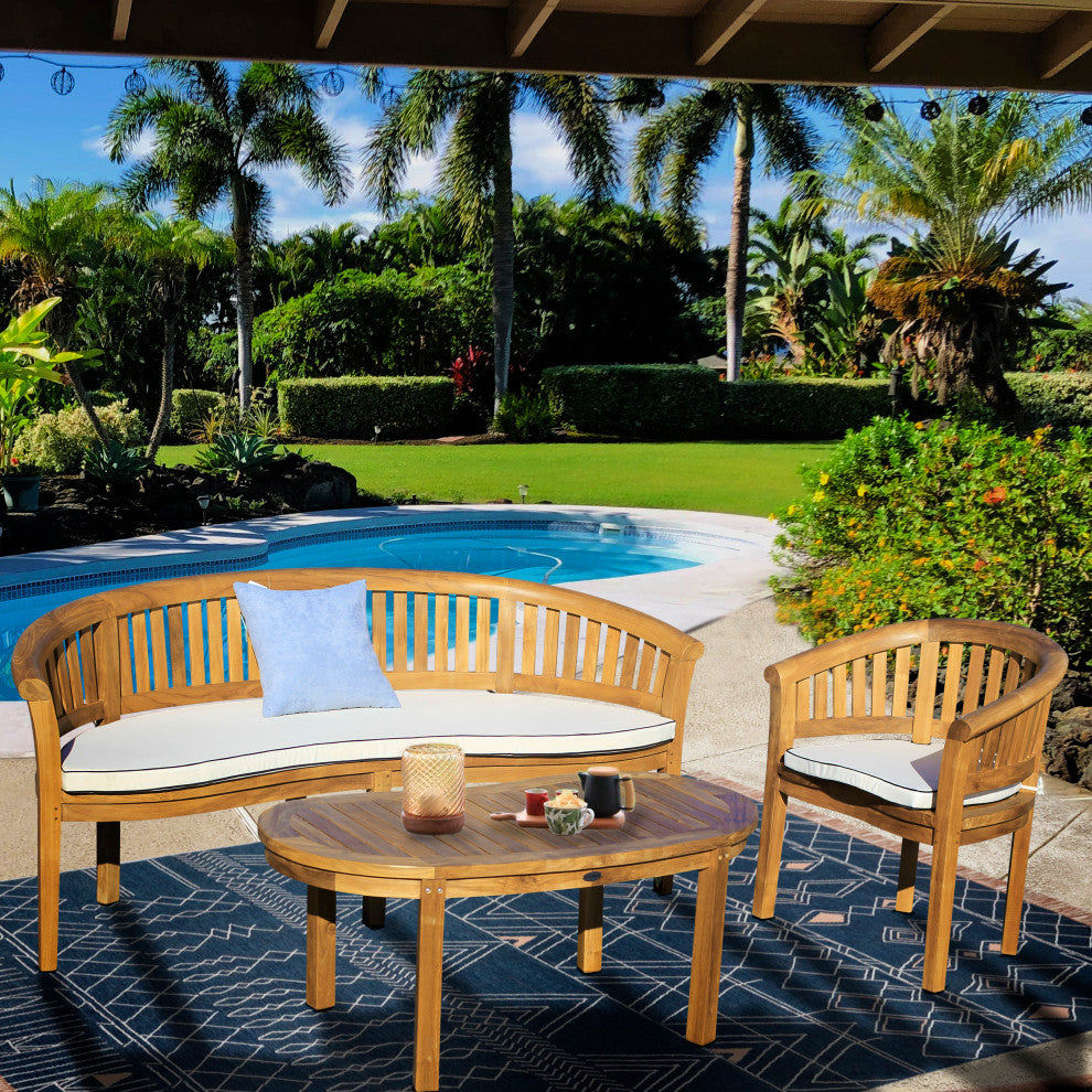 Teak Wood Peanut 3-Piece Patio Lounge Set, Triple Bench, Chair and Coffee Table