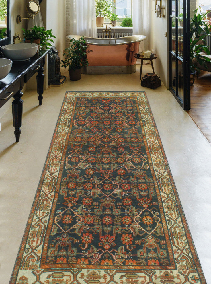 Fine Vintage Distressed Vinsone Navy/Rust Runner, 3'3x9'2