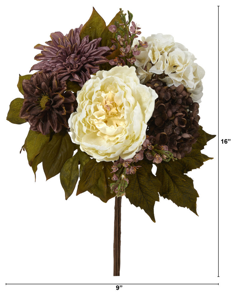 16" Peony, Hydrangea and Dahlia Artificial Flower Bouquet, Set of 2