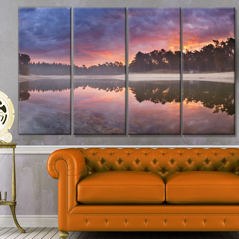 Quiet Lake Mirroring the Sky, Landscape Canvas Art Print, 48"x28", 4 Panels