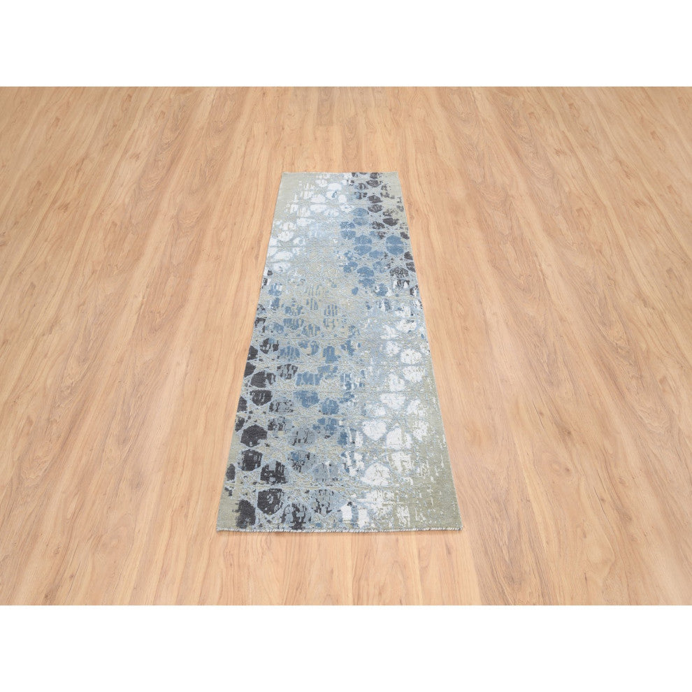 Gray and Blue, THE HONEYCOMB, Wool and Silk Hand Knotted Runner Rug, 2'6"x8'0"