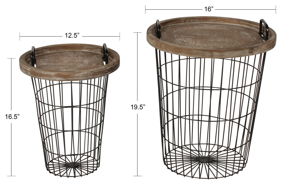 Tenby Nesting Metal and Wood Tray Basket End Tables, Rustic Brown/Black 2 piece