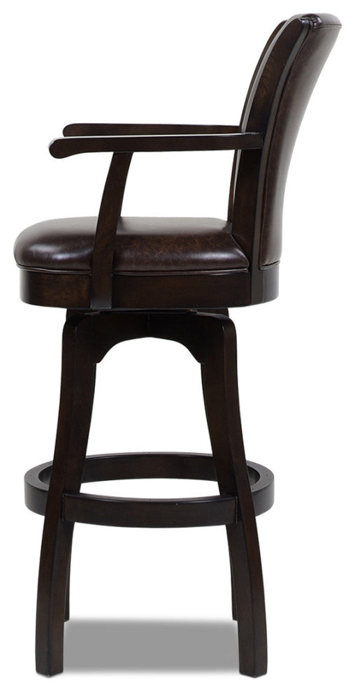 Williams Swivel Bar and Counter Stool With Armrests, Vintage Brown Faux Leather, Bar Height