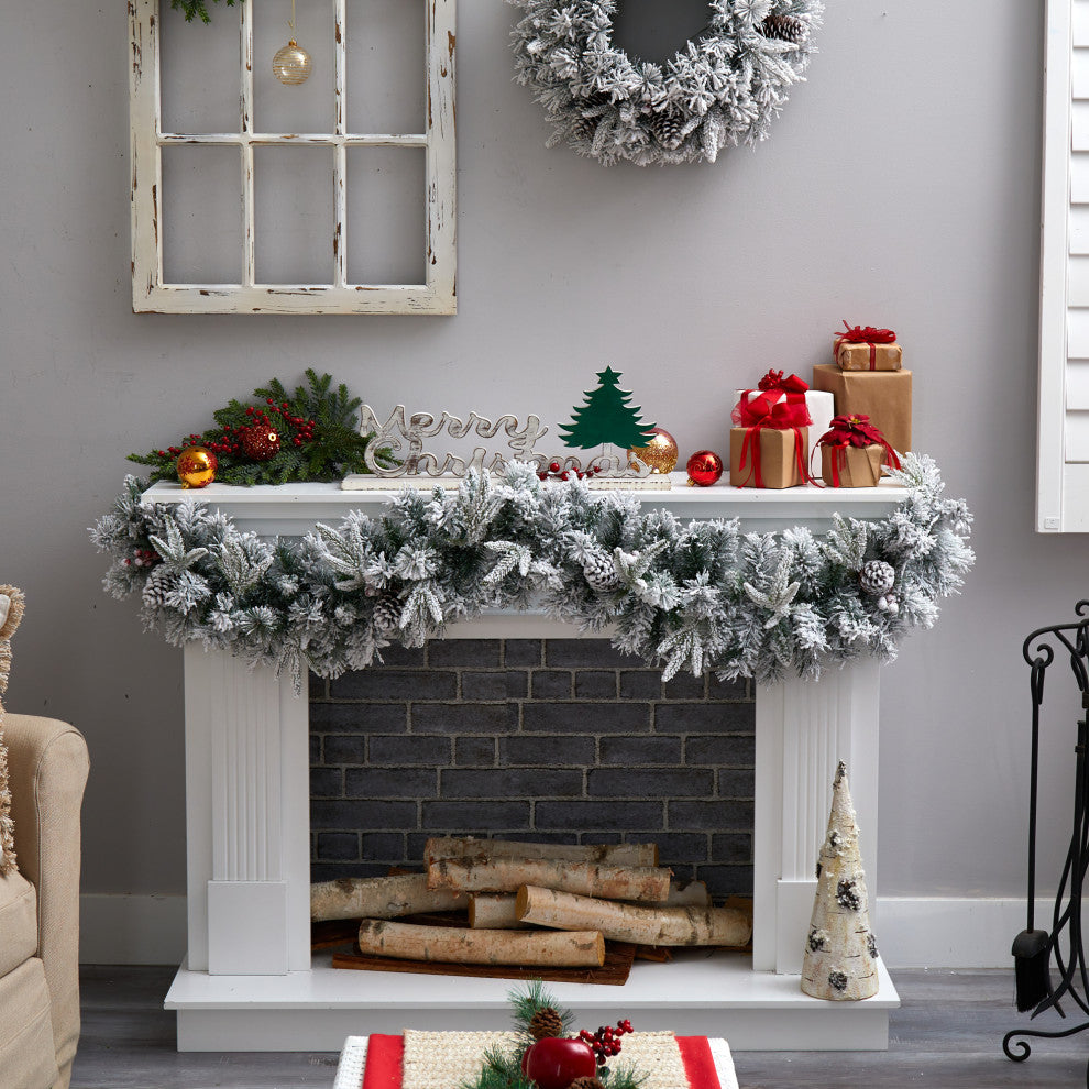 6' Flocked Artificial Christmas Garland With Pine ConeS, 35 Warm White LEDs