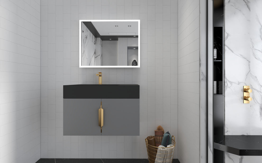 CastelloUSA Amazon 30" Left Wall Mounted Bathroom Vanity Set, Gray, Black Top, Gold Handles