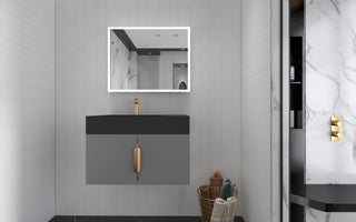 CastelloUSA Amazon 30" Left Wall Mounted Bathroom Vanity Set, Gray, Black Top, Gold Handles