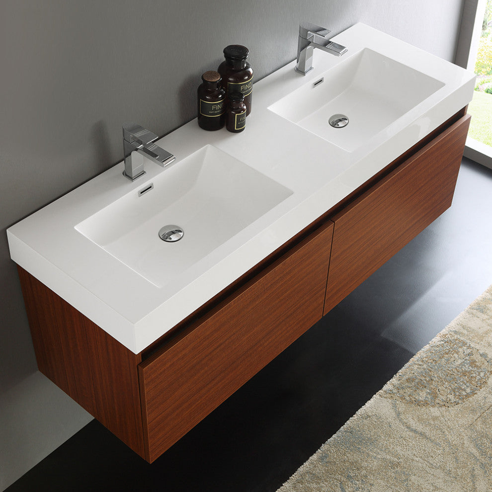 Fresca Mezzo 60" Teak Wall Hung Double Sink Cabinet With Integrated Sink
