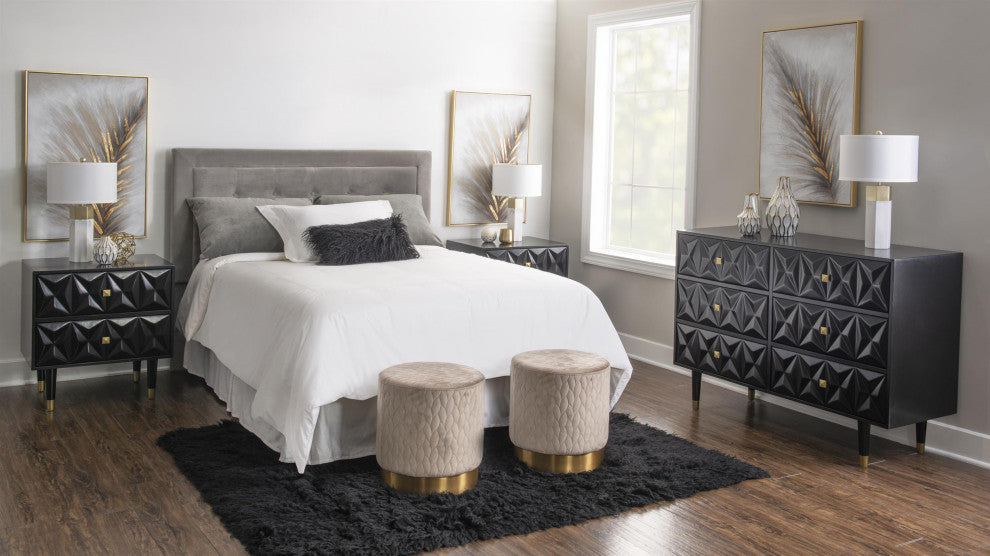 Linon Alick Wood Geo Texture 6 Drawer Dresser Gold Hardware in Glossy Black