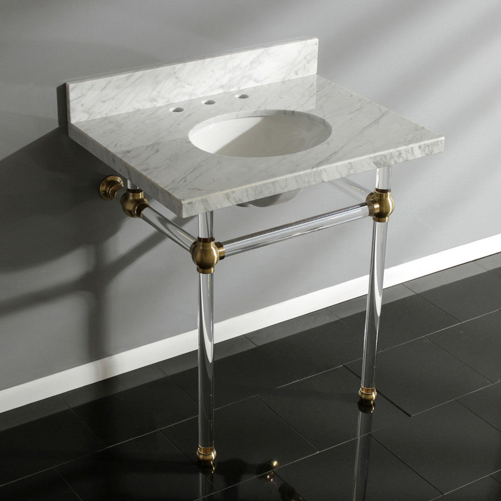 30X22 Marble Vanity Top w/Acrylic Console Legs, Carrara Marble/Brushed Brass