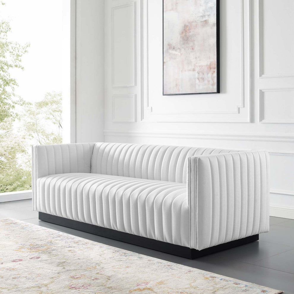 Tufted Sofa, Fabric, White, Modern, Living Lounge Room Hotel Lobby Hospitality