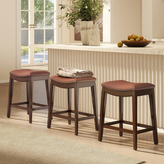 Barlow 24.5" Top Grain Leather Backless Saddle Counter Stool, Bourbon Brown