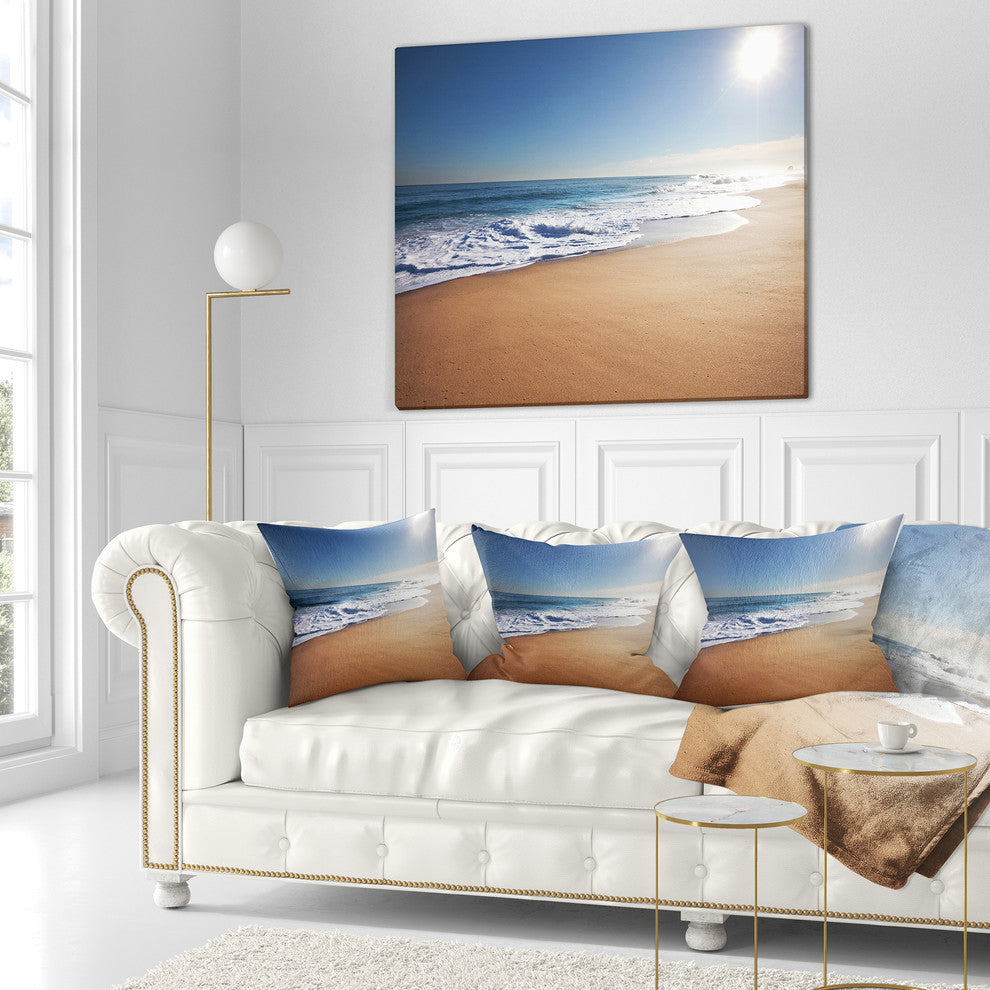 Calm Blue Beach Under Bright Sun Seascape Throw Pillow, 16"x16"