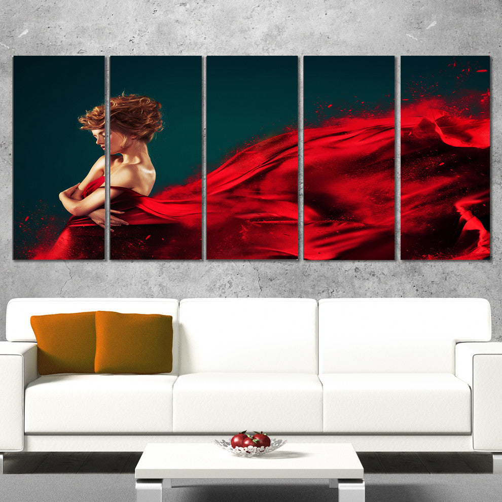 "Woman in Flying Red Dress" Portrait Digital Art Canvas Print, 5 Panels