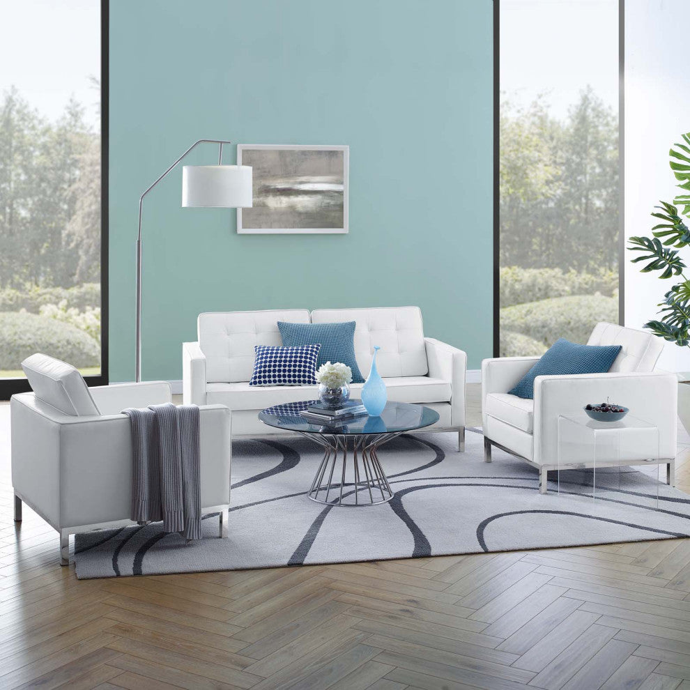 Tufted Armchair and Loveseat Sofa Set, Faux Leather, Silver White, Modern