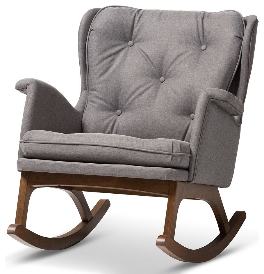 Midcentury Modern Gray Fabric Upholstered Walnut-Finished Rocking Chair