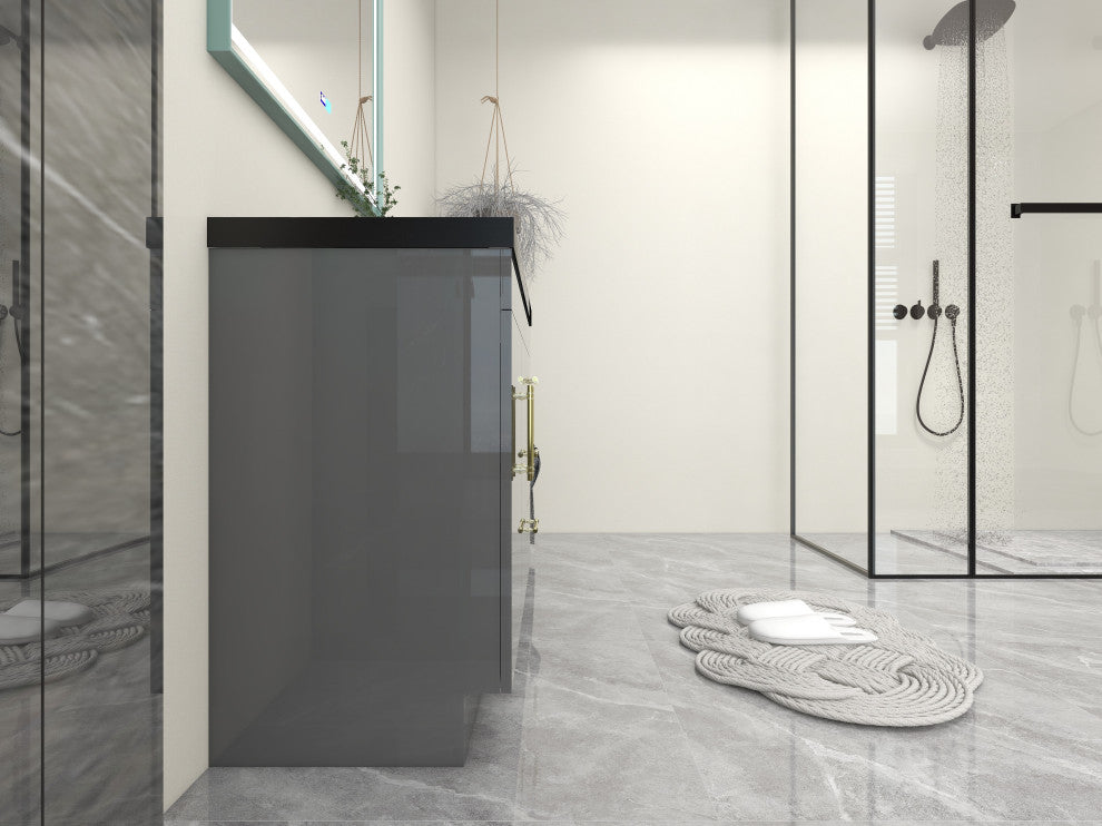 Rosa 42" Free Standing Modern Vanity, High Gloss Gray, Matt Black Top