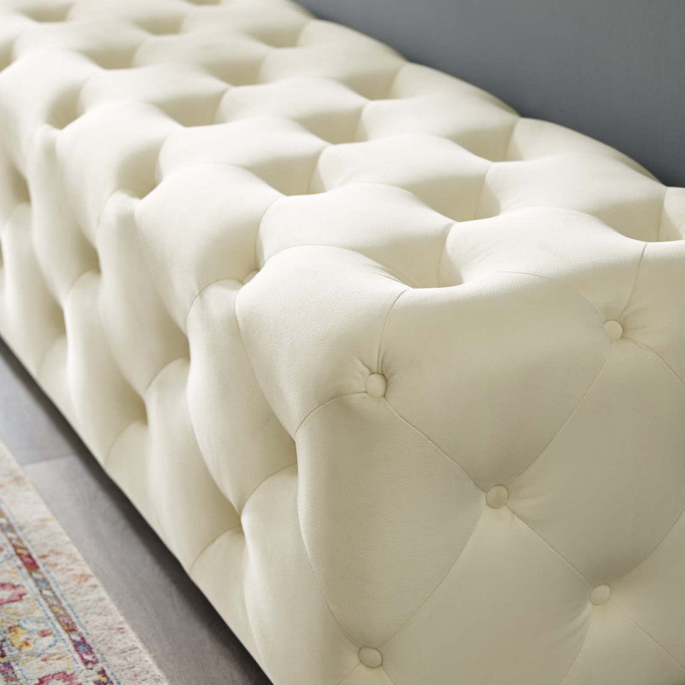 Tufted Accent Chair Bench, Velvet, Ivory White, Modern, Lounge Hospitality