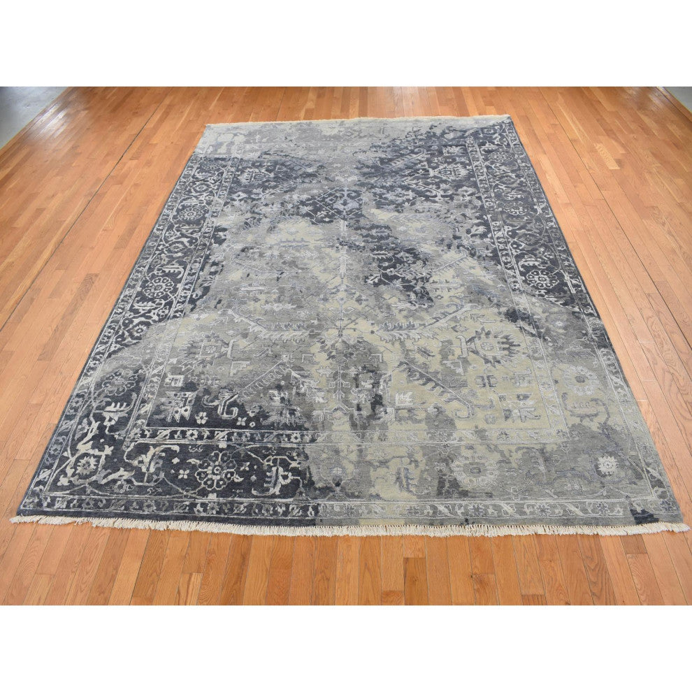 Gray Wool And Silk Broken and Erased Heriz Design Hand Knotted Rug 9'x11'10"
