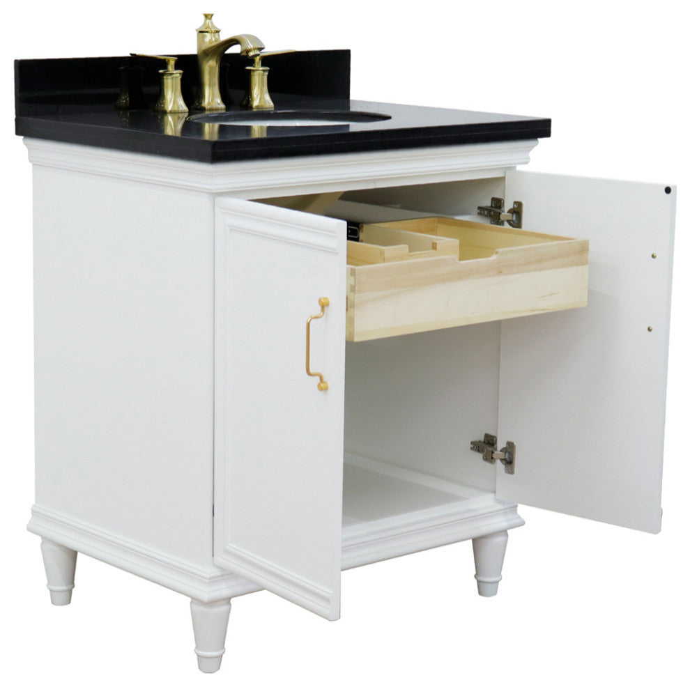 31" Single Vanity, White Finish With Black Galaxy And Oval Sink