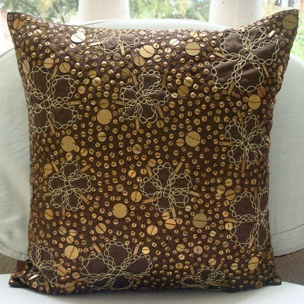Brown Metal Sequins 26"x26" Silk Euro Pillow Shams, Total Sophistication