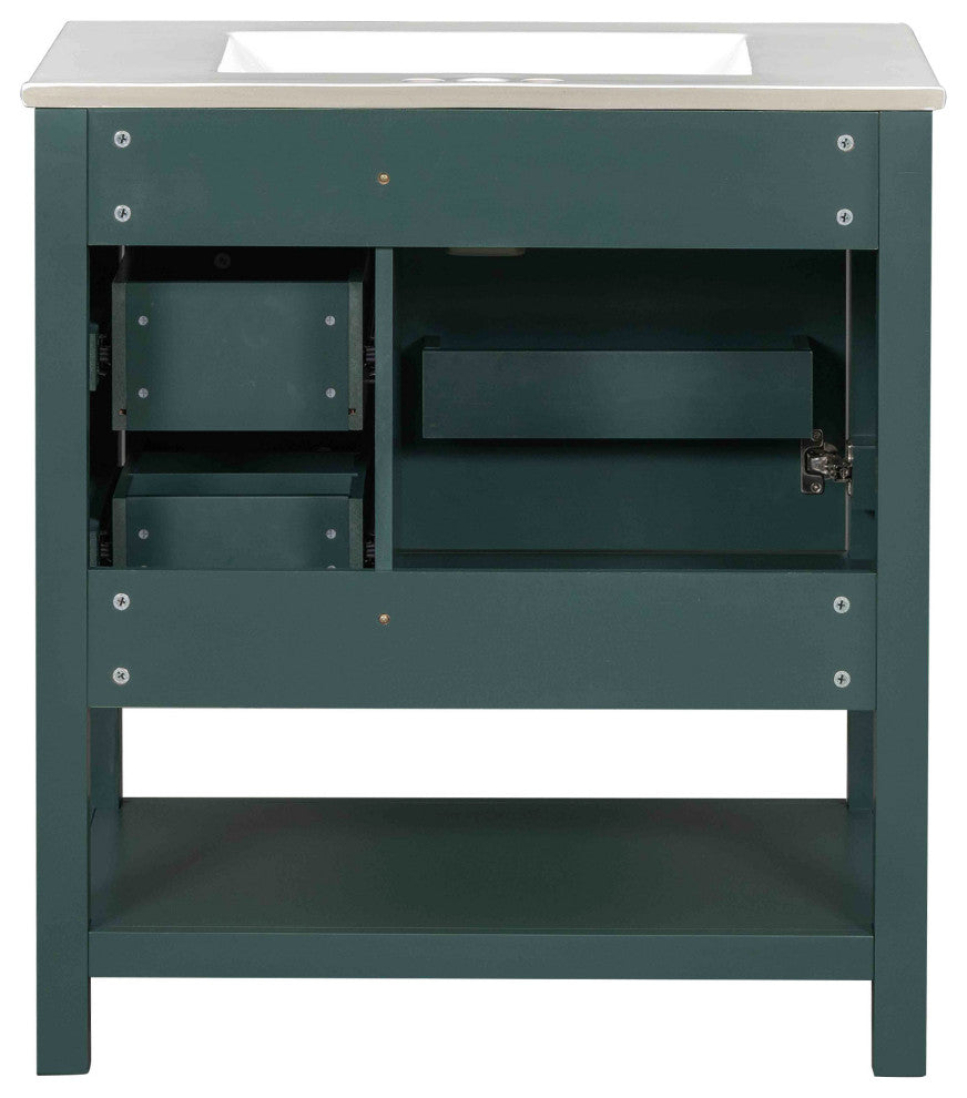 30 Inch Transitional Style Bathroom Vanity Cabinet Combo with Ceramic Sink, Green