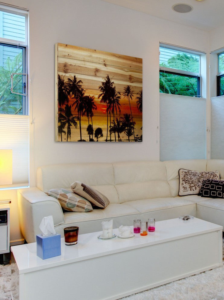 "Sunset Palms" Print on Natural Pine Wood, 24"x24"