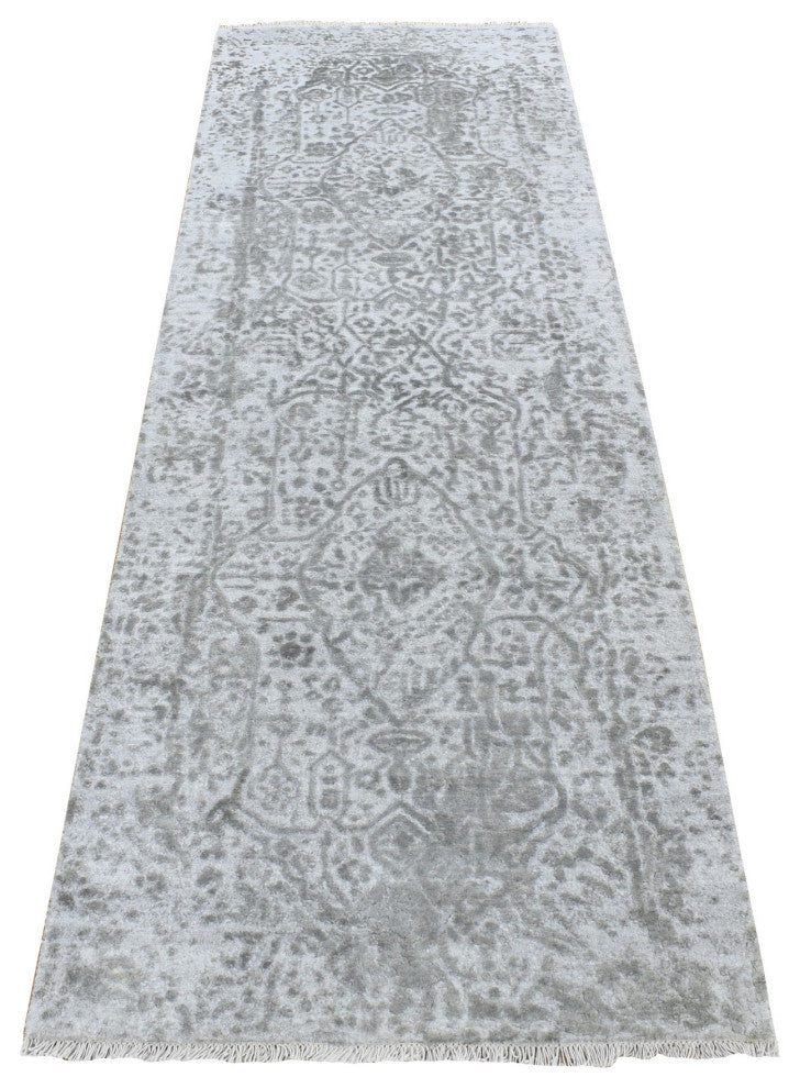 Gray, Abstract Design Wool and Pure Silk Hand Knotted Runner Rug, 2'7"x8'