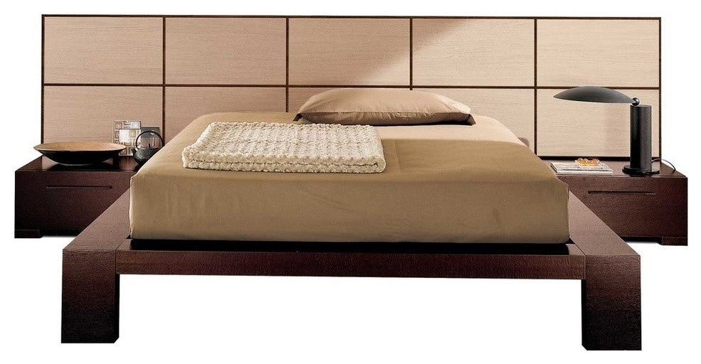 Yoko Bed With 2 Nightstands, Wenge With Natural Wood Panel, Queen