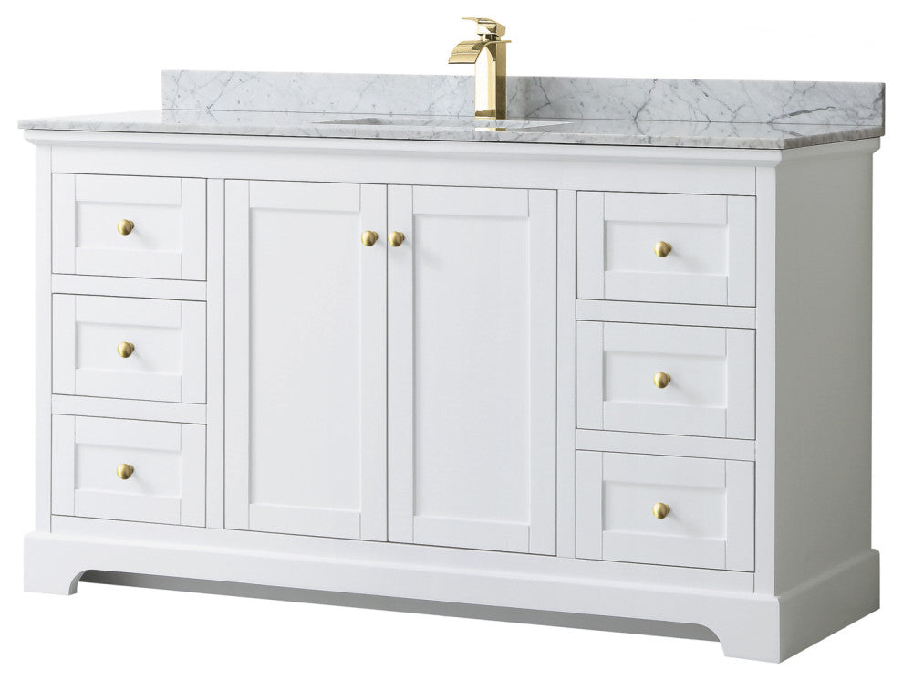 60" Single Bath Vanity, White, White Carrara Countertop, Sink, Gold Trim