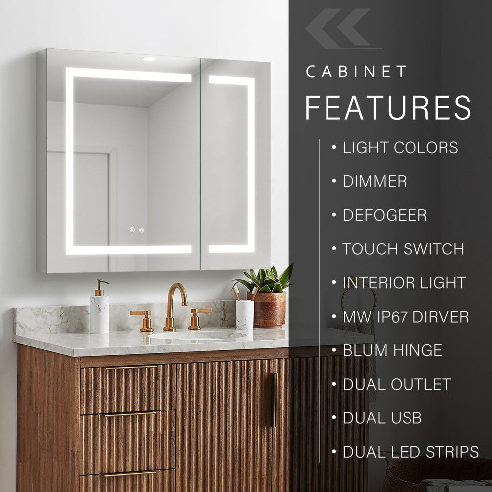 Recessed/Surface Mount LED Medicine Cabinet Mirror with Defogger, 36"x30" Double Doors