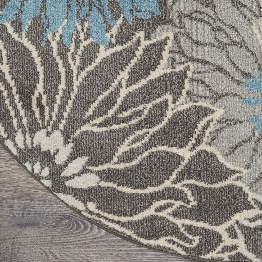 8 Round Charcoal and Blue Big Flower Area Rug