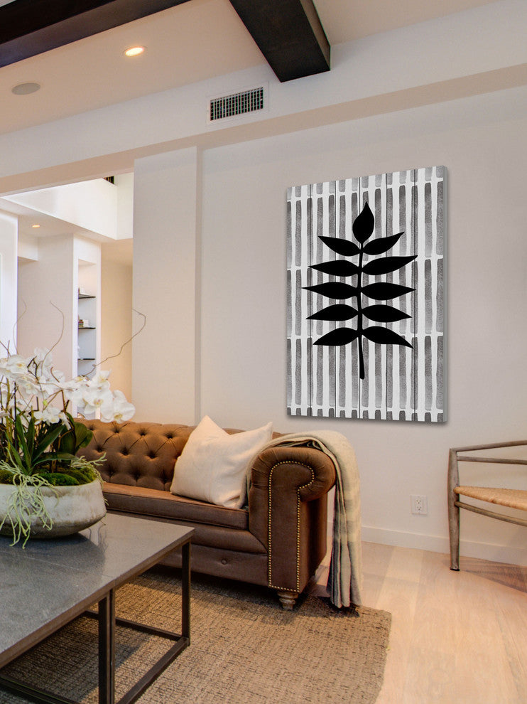 "Black Leaf 3" Painting Print on White Wood