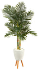 70" Golden Cane Artificial Palm Tree, White Planter With Stand