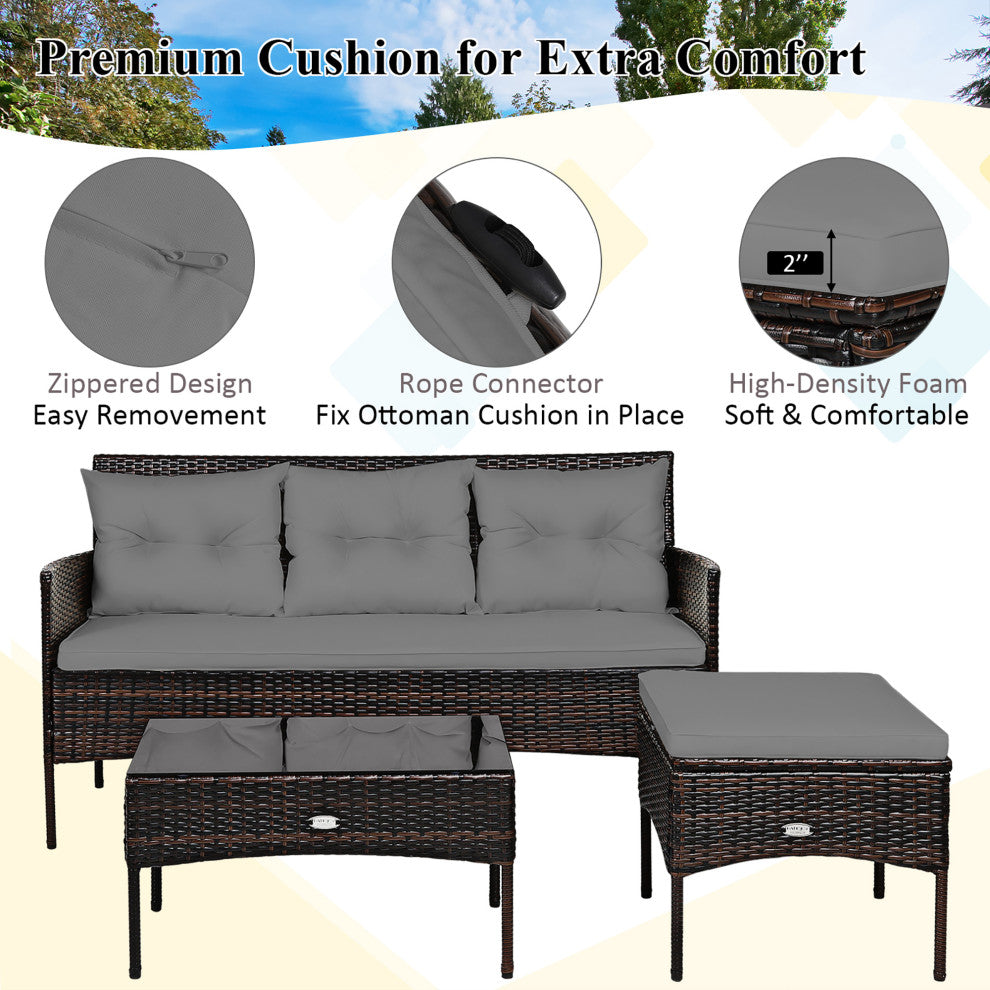 Costway 3PCS Patio Rattan Furniture Set 3-Seat Sofa Cushioned Table Garden Gray