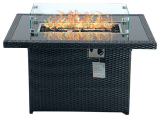 Outdoor Rectangular Fire Pit Table 55,000 BTU Wicker Design, Black