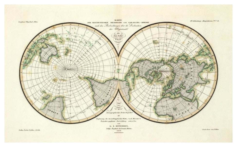"Karte Der Magnetischen Meridiane und Parallel-Kreise, 1840" Paper Art, 32"x20"