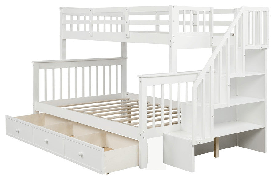 White Twin Over Full Contemporary Bunk Bed With Stairs And Shelves