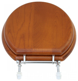 Solid Wood Toilet Seat Round Light Mahogany Finish Stained Chrome Hinge
