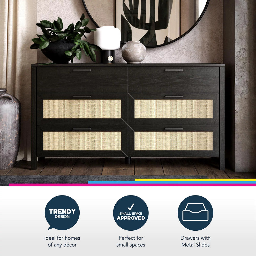 Transitional Dresser, 4 Rattan Front Drawers & 2 Wooden Front Drawers, Black Oak
