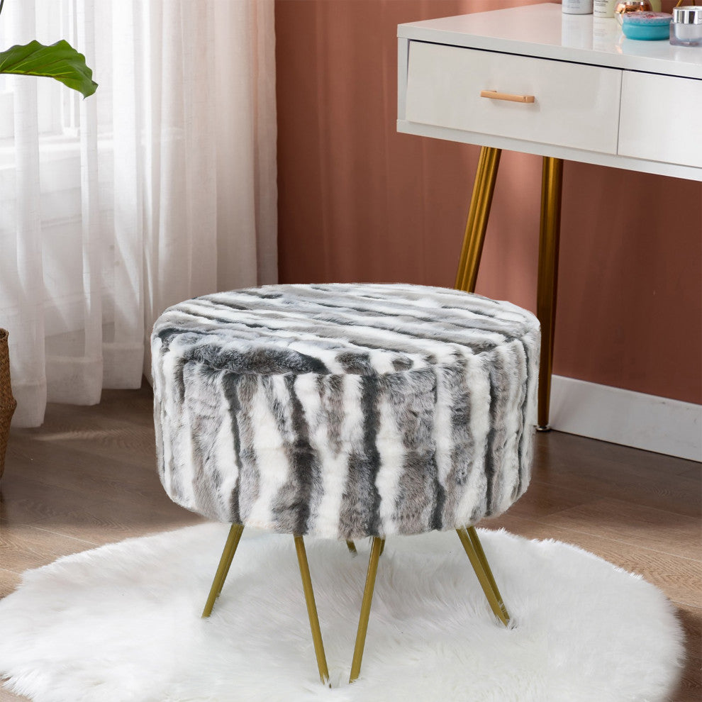 Multi Jacquard Faux Fur Round Ottoman, Grey, 18"x18"x8"