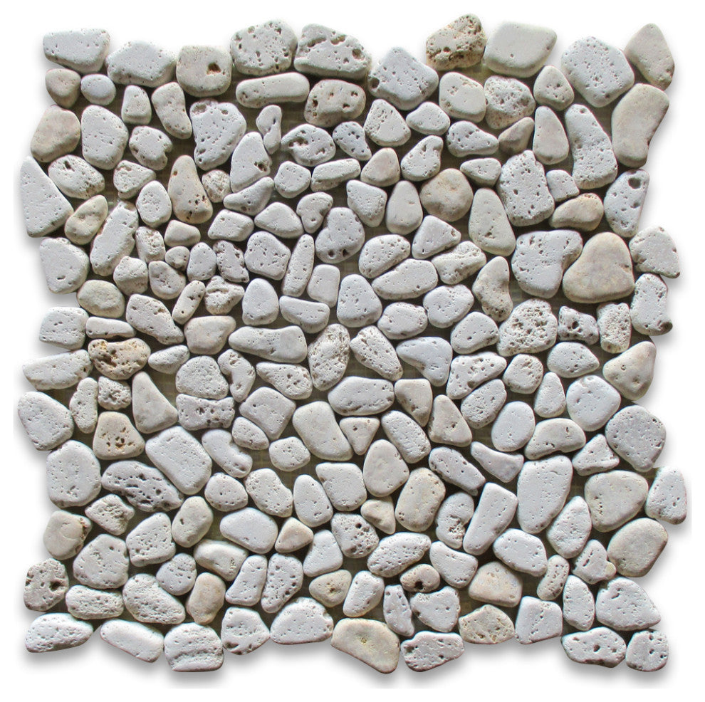 Non Slip Shower Floor Tile Tumbled Pebble Stone Travertine Giallo, 1 sheet