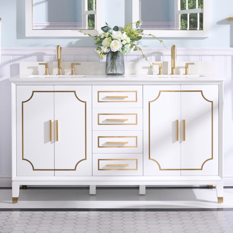 Melody Freestanding Bathroom Vanity with Wall Vanity Mirror and Quartz Top, White, 60"