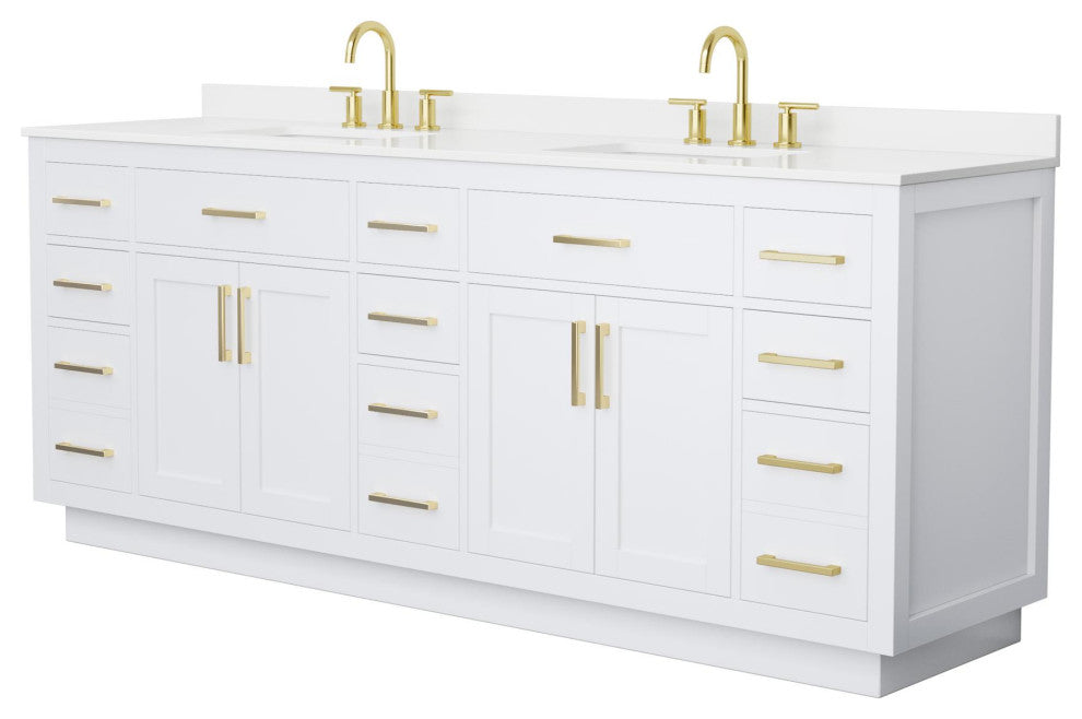 Beckett TK 84" White Double Vanity, White Quartz Top, 3-Hole, Gold Trim
